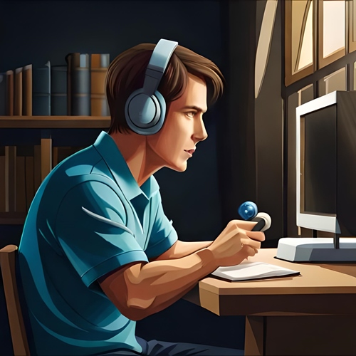 Um jogador atrás de seu computador com fones de ouvido na cabeça, sem espaço
